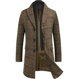 Men's Wool Blend Coat Detachable Plaid Scarf Notched Collar Pea Coat Brown Plaid